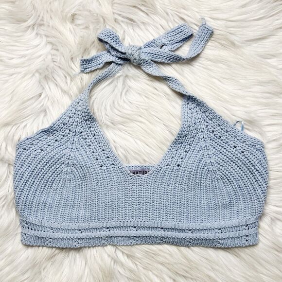 Signature 8 Knit Halter Crop Top Blue Size Small - Picture 2 of 5